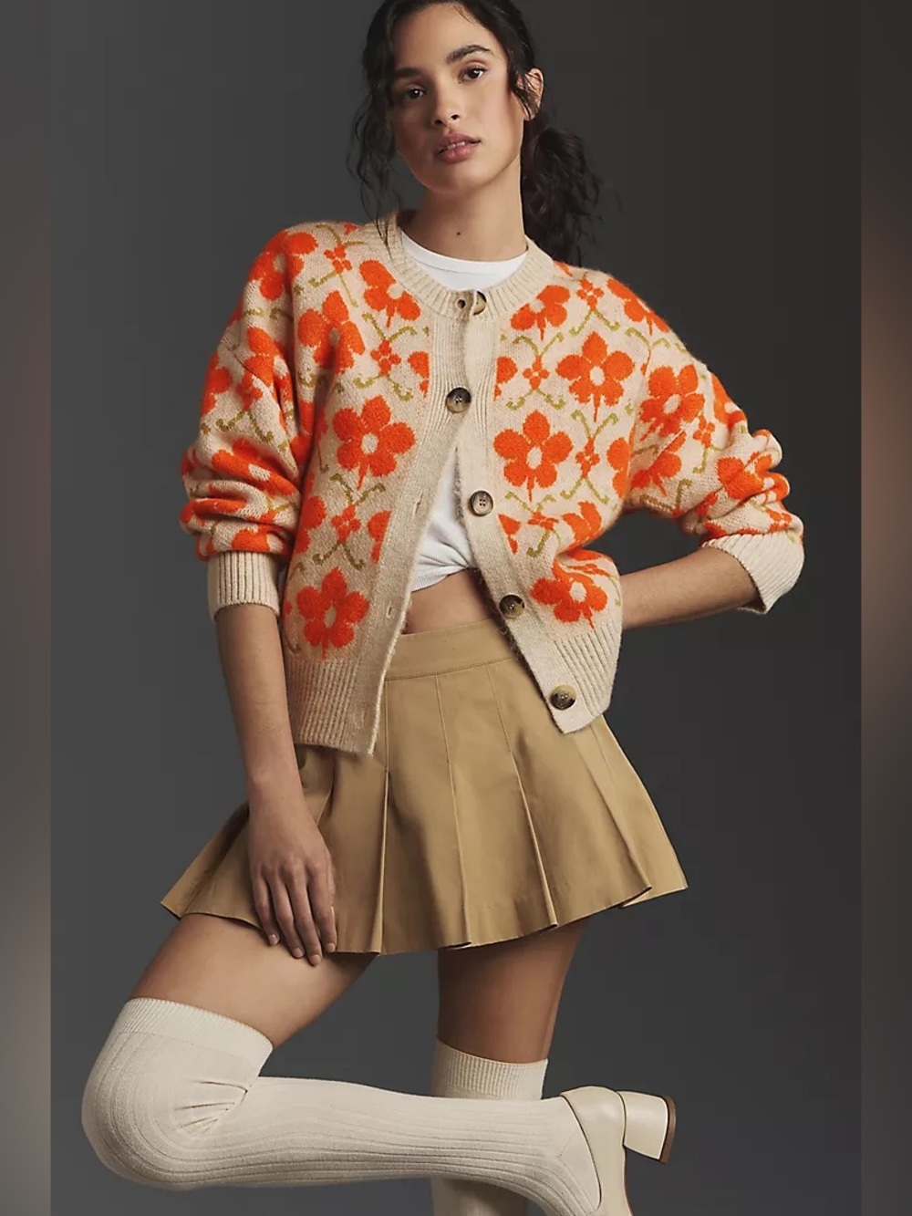 Anthropologie Maeve Orange Floral Pop Intarsia Cardigan Sweater (Size S)